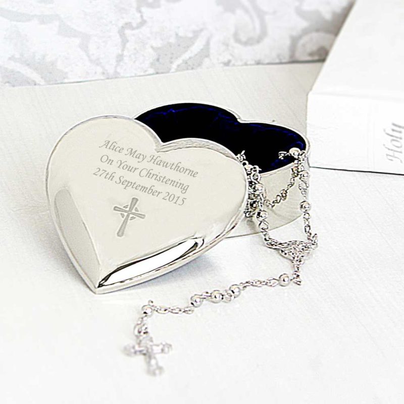 Personalised Heart Trinket Box with Rosary Beads and Cross