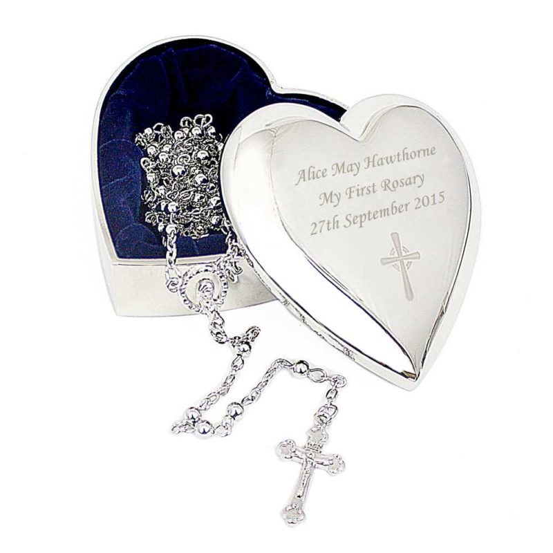 Personalised Heart Trinket Box with Rosary Beads and Cross