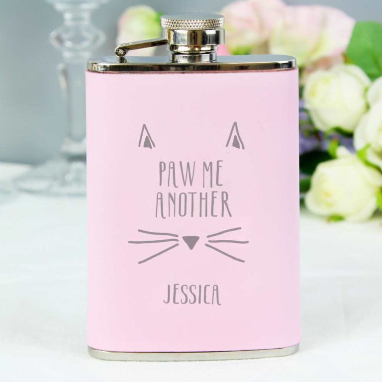 Personalised 'Paw Me Another' Pink Hip Flask