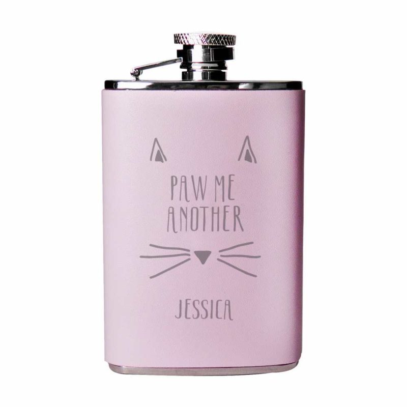 Personalised 'Paw Me Another' Pink Hip Flask