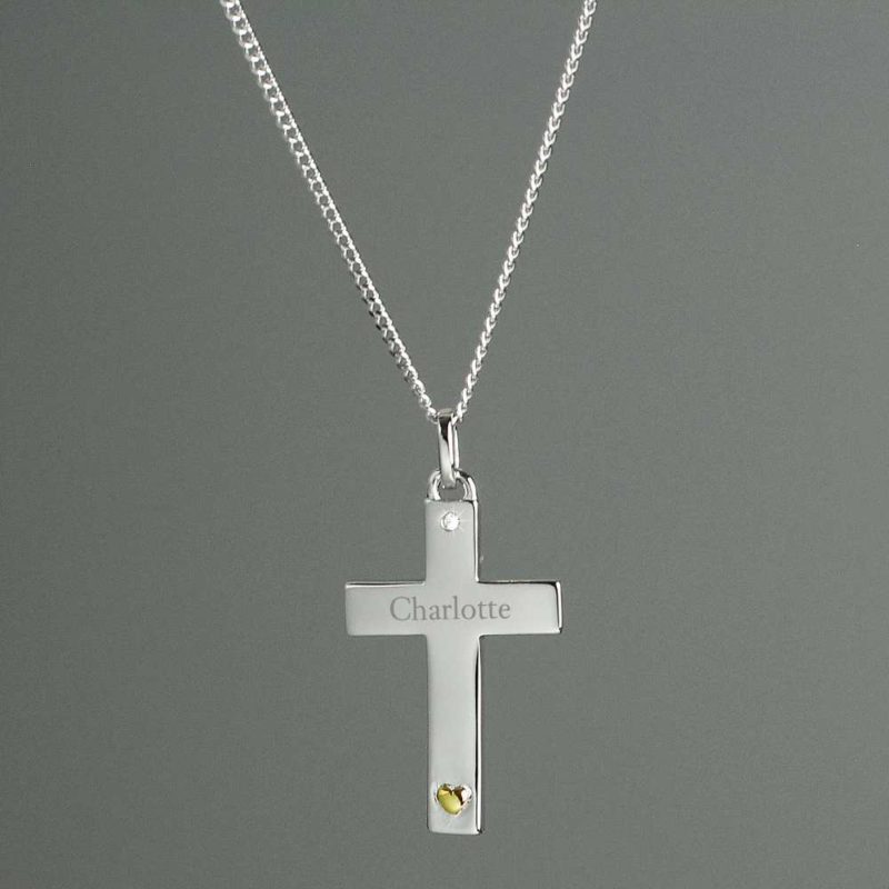 Personalised Sterling Silver Cross Necklace with 9ct Gold Heart
