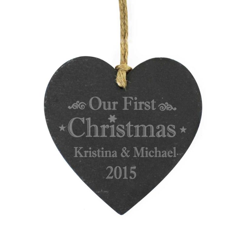 Personalised 'Our First Christmas' Slate Heart Decoration