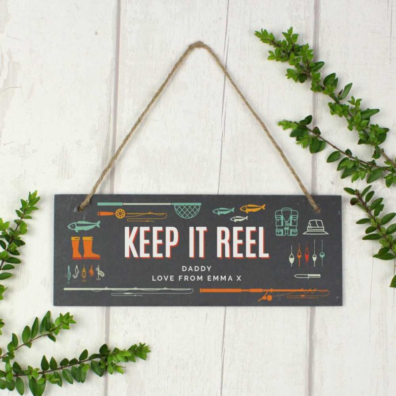 Personalised 'Keep It Reel' Fishing Slate Hanging Sign