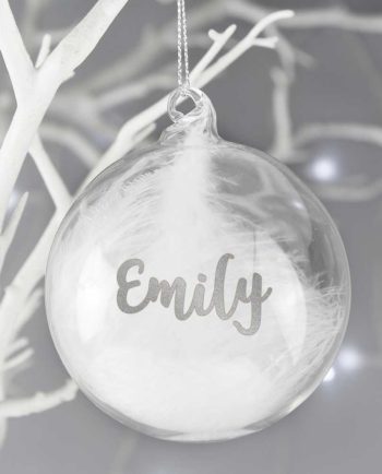 Personalised Silver Glitter Name Only Feather Glass Bauble