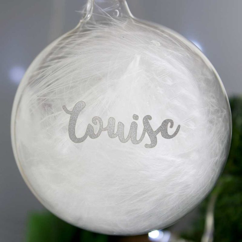 Personalised Silver Glitter Feather Glass Bauble