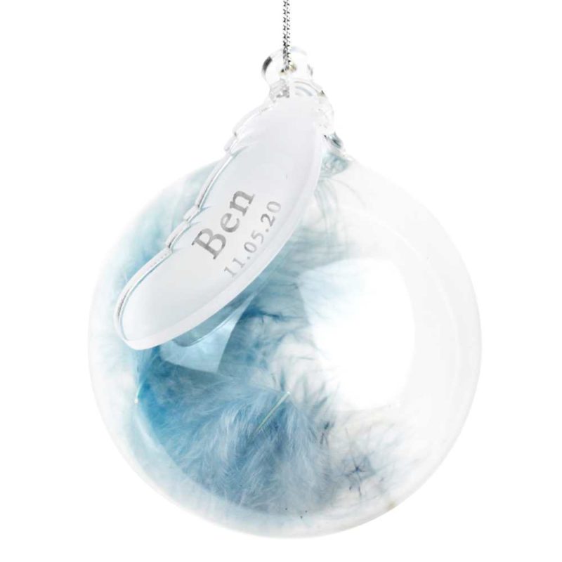 Personalised In Memory Blue Feather Glass Bauble