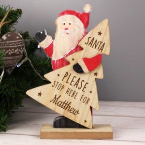 Personalised 'Santa Please Stop Here' Wooden Santa Decoration