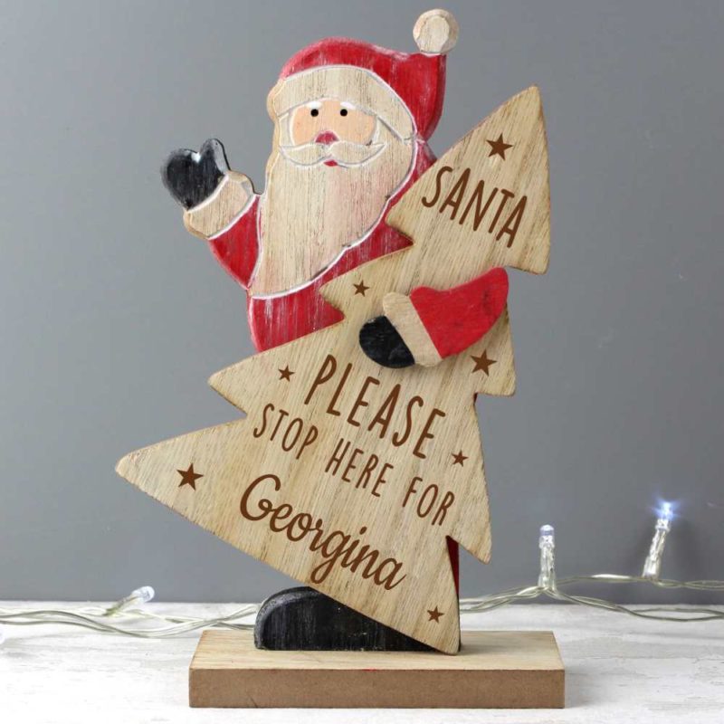 Personalised 'Santa Please Stop Here' Wooden Santa Decoration
