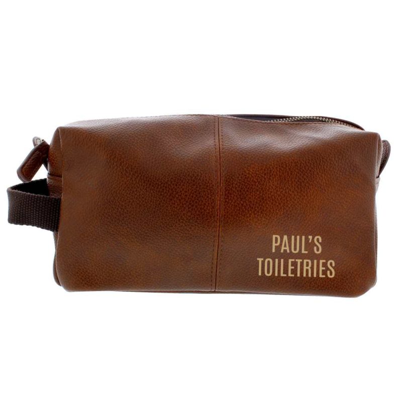 Personalised Brown Leatherette Wash Bag