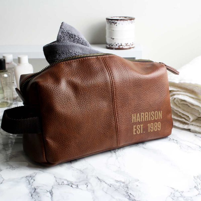 Personalised Brown Leatherette Wash Bag