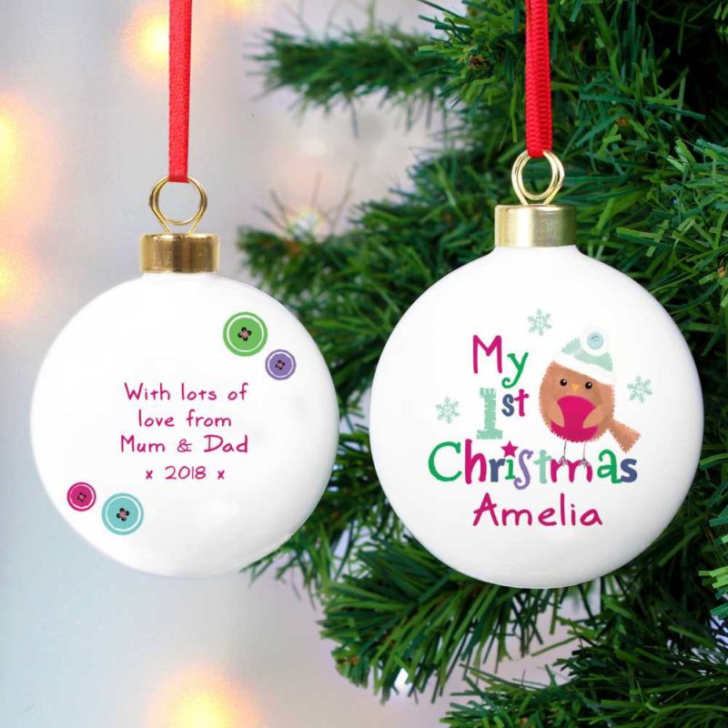 Personalised Festive Robin 'My 1st Christmas' Bauble