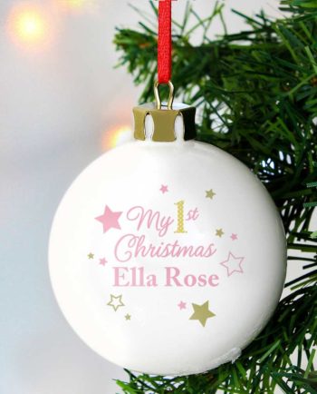 Personalised Gold & Pink Stars My 1st Christmas Bauble