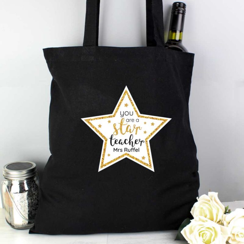 Personalised Star Teacher Black Cotton Tote Bag