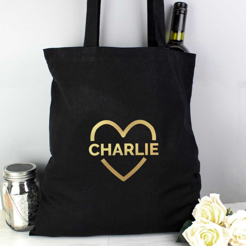 Personalised Gold Heart Black Cotton Tote Bag