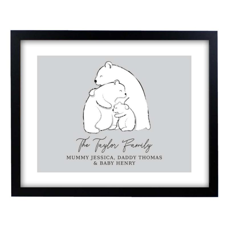 Personalised Polar Bear Family of 3 Black Framed Print