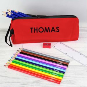 Personalised Red Pencil Case with Personalised Pencils & Crayons