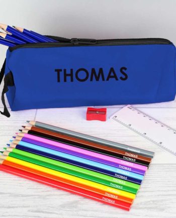 Personalised Blue Pencil Case with Personalised Pencils & Crayons
