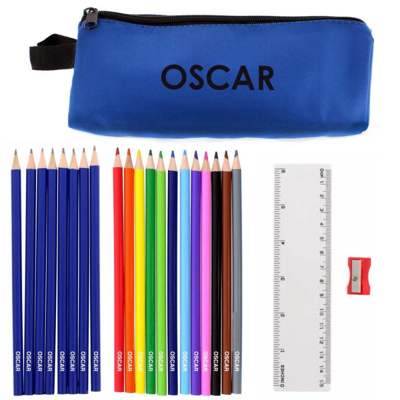 Personalised Blue Pencil Case with Personalised Pencils & Crayons