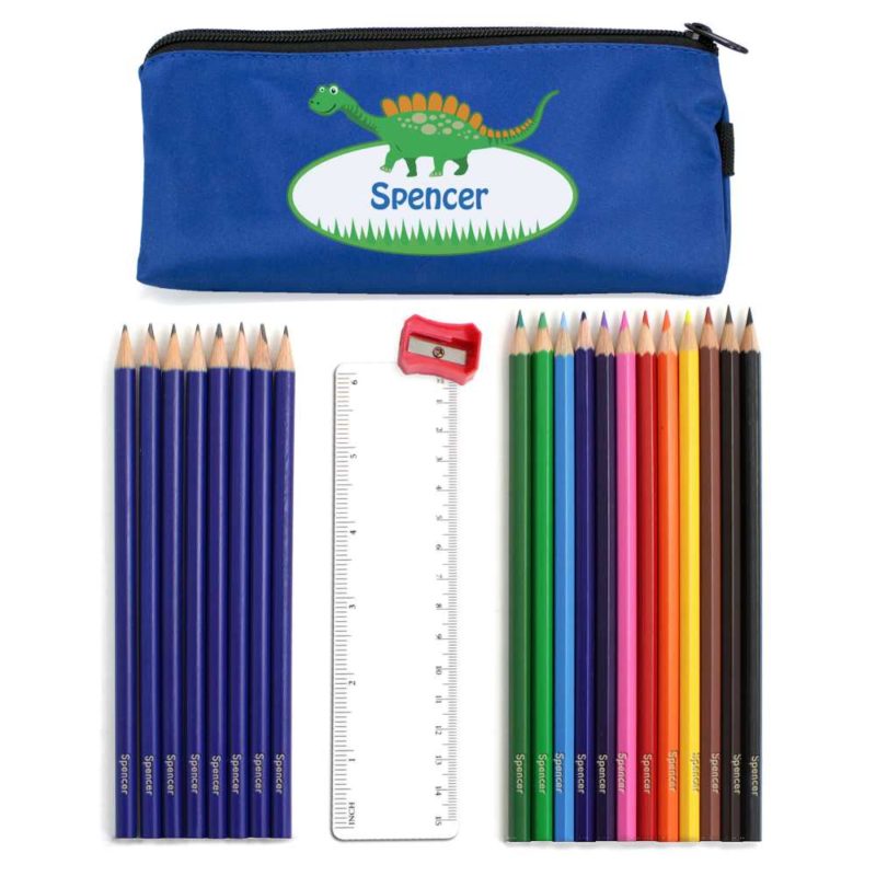 Cute Dinosaur Pencil Case with Personalised Pencils & Crayons