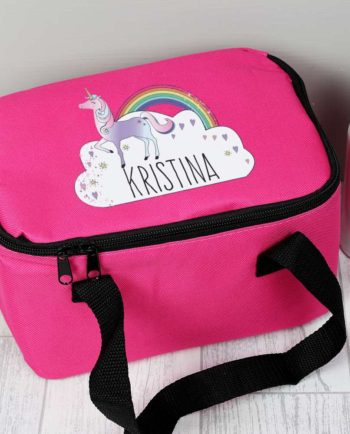 Personalised Unicorn and Rainbow Hot Pink Lunch Bag