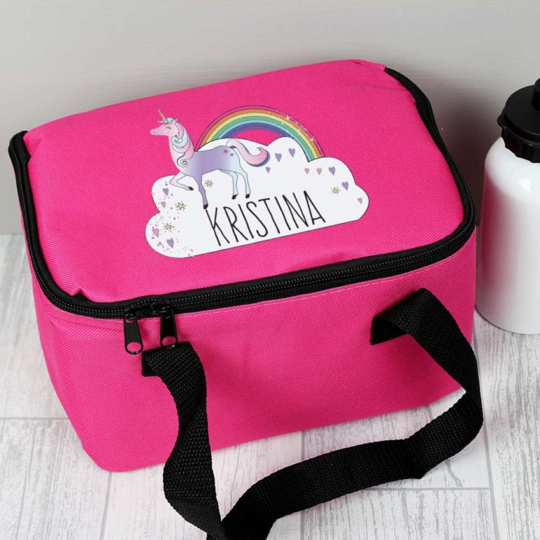 Personalised Unicorn and Rainbow Hot Pink Lunch Bag