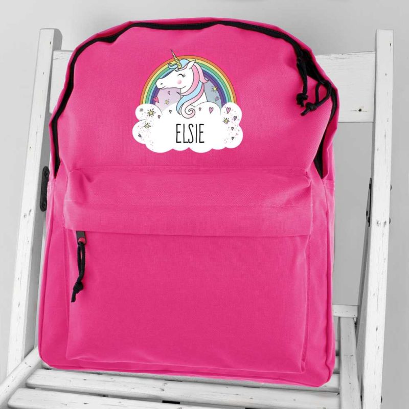 Personalised Unicorn and Rainbow Hot Pink Backpack