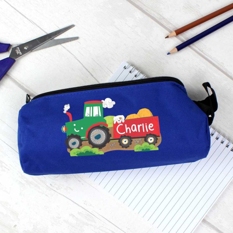 Personalised Tractor and Trailer Blue Pencil Case