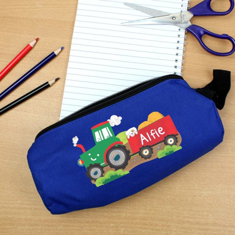 Personalised Tractor and Trailer Blue Pencil Case
