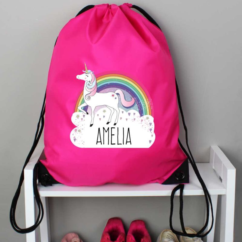 Personalised Unicorn and Rainbow Hot Pink P.E Kit Bag