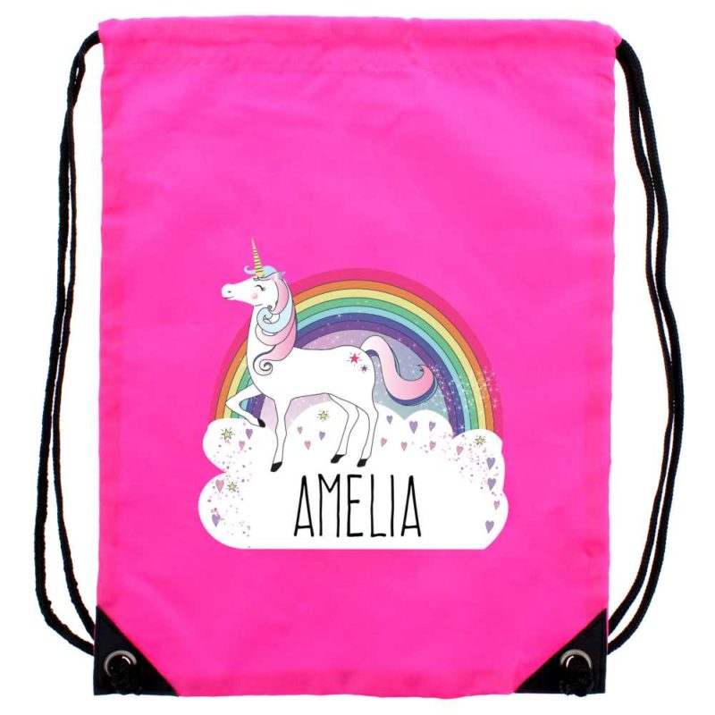 Personalised Unicorn and Rainbow Hot Pink P.E Kit Bag