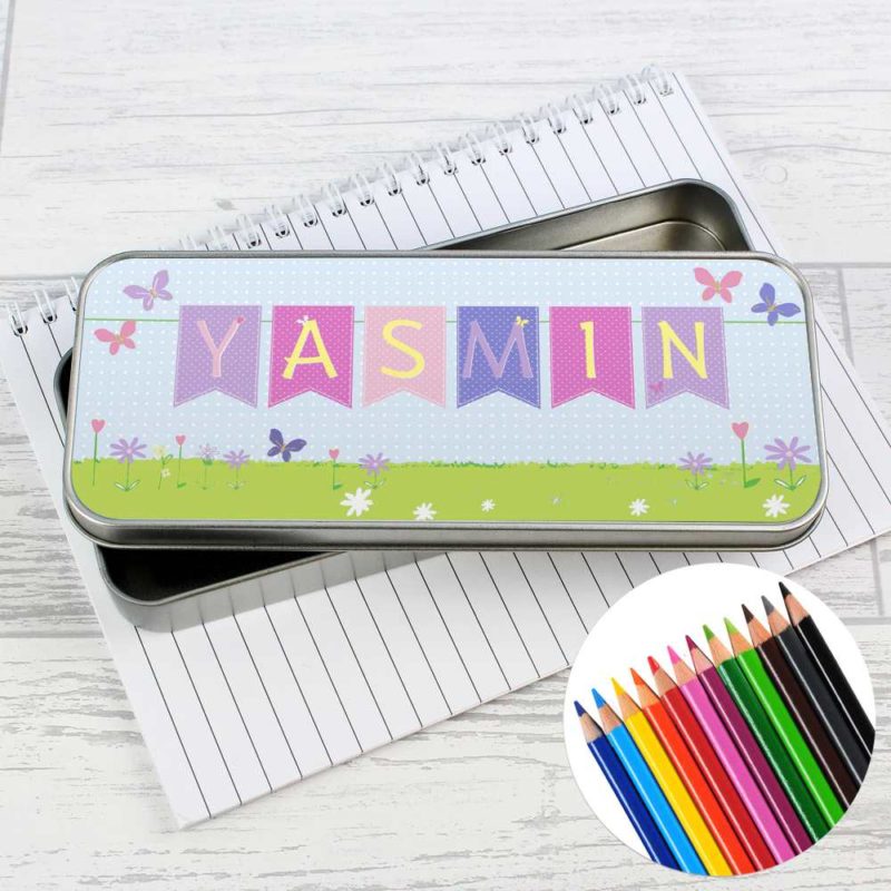Personalised Bunting Pencil Tin with Colouring Pencils
