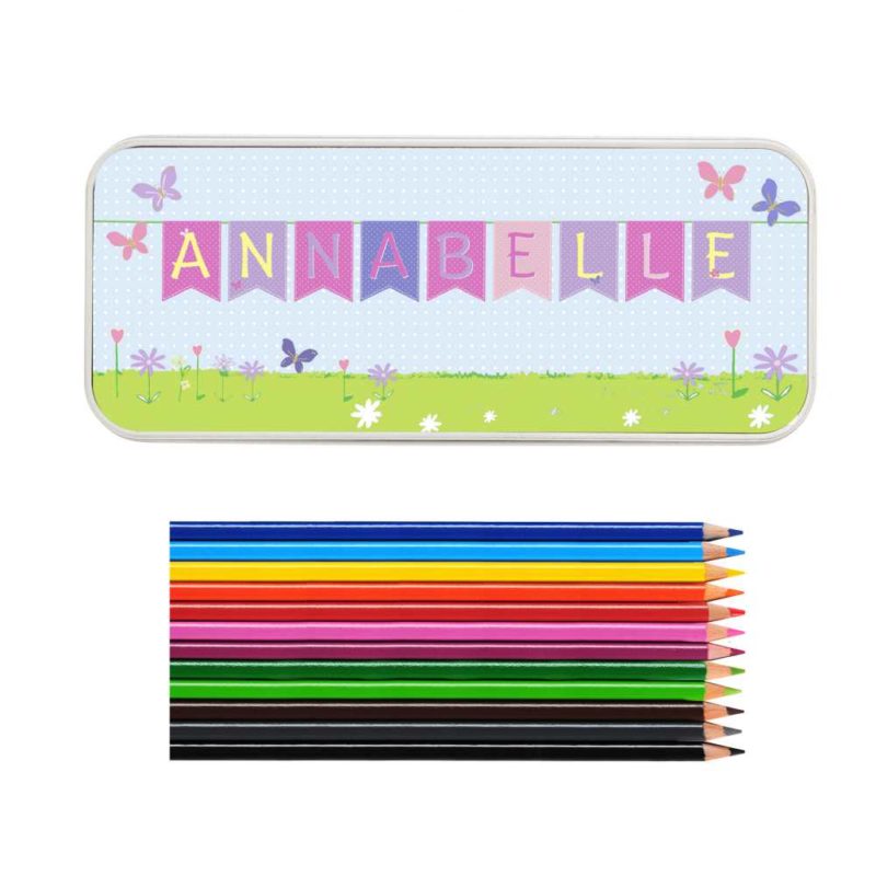 Personalised Bunting Pencil Tin with Colouring Pencils