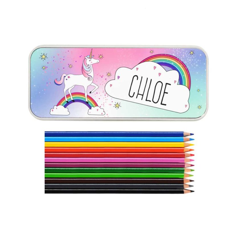 Personalised Unicorn and Rainbow Pencil Tin with Colouring Pencils