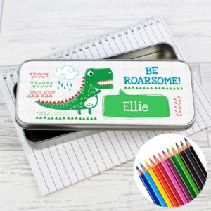Personalised 'Be Roarsome' Dinosaur Pencil Tin with Colouring Pencils