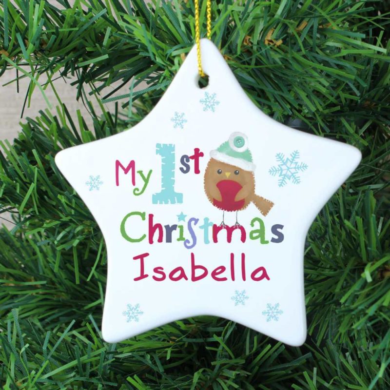 Personalised Festive Robin 'My 1st Christmas' Ceramic Star Decoration
