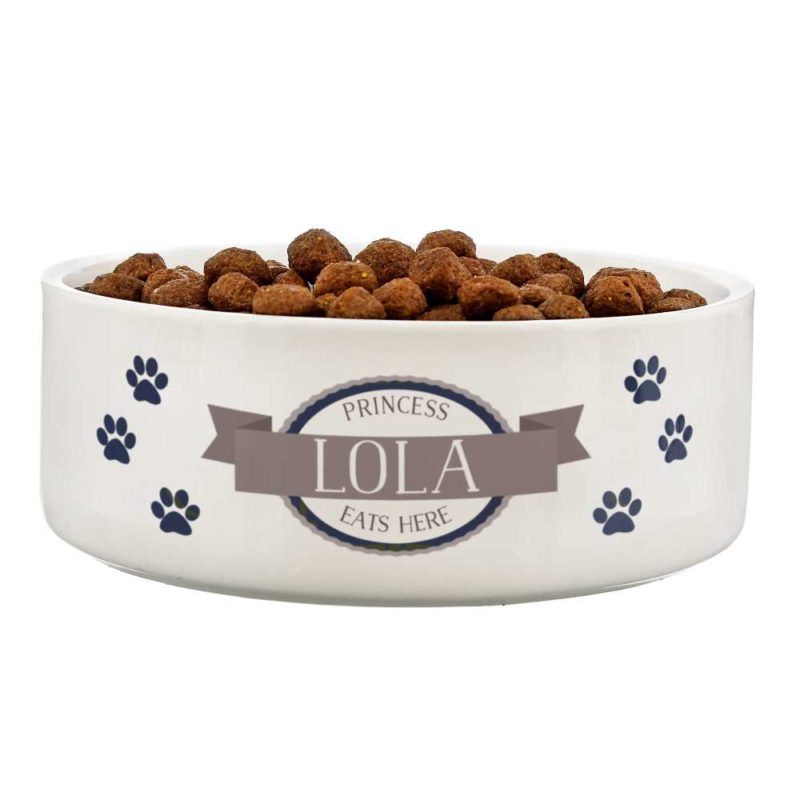 Personalised 'Blue Paws' White Pet Bowl