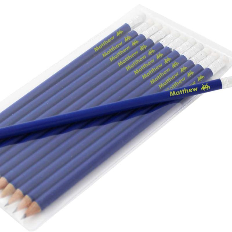 Personalised Space Invader Motif Blue Pencils