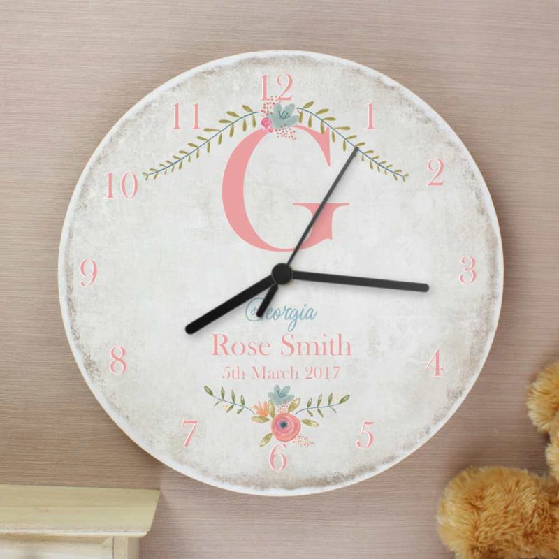 Personalised Pastel Flower Rustic Wooden Clock
