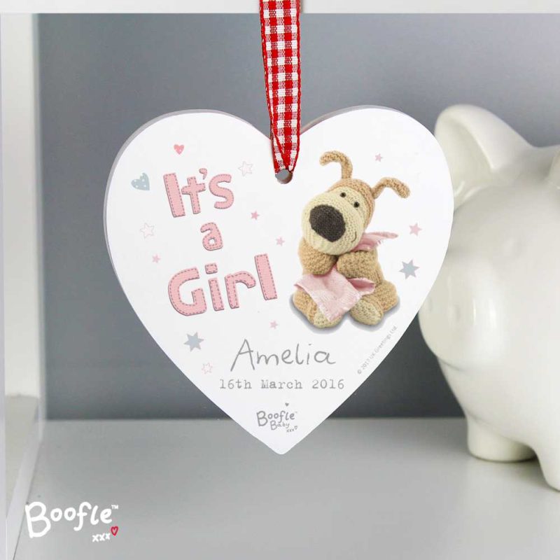 Personalised 'Its A Girl' Boofle Wooden Heart Decoration