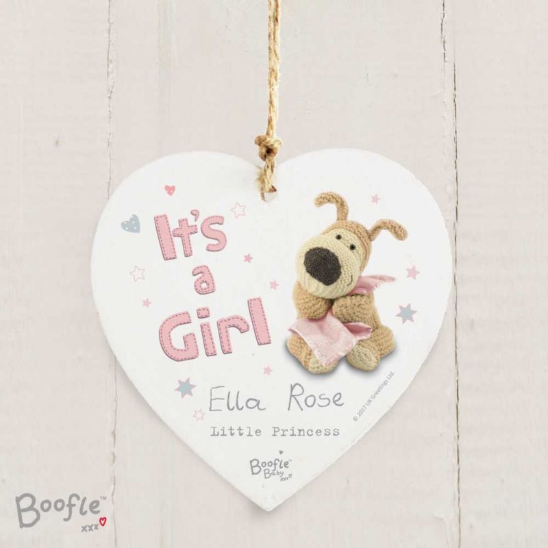 Personalised 'Its A Girl' Boofle Wooden Heart Decoration
