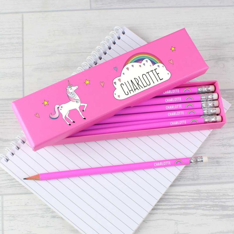 Personalised Unicorn and Rainbow Hot Pink Pencils and Box