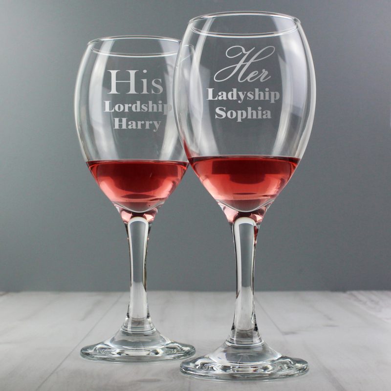 Personalised 'His Lordship' and 'Her Ladyship' Wine Glass Set