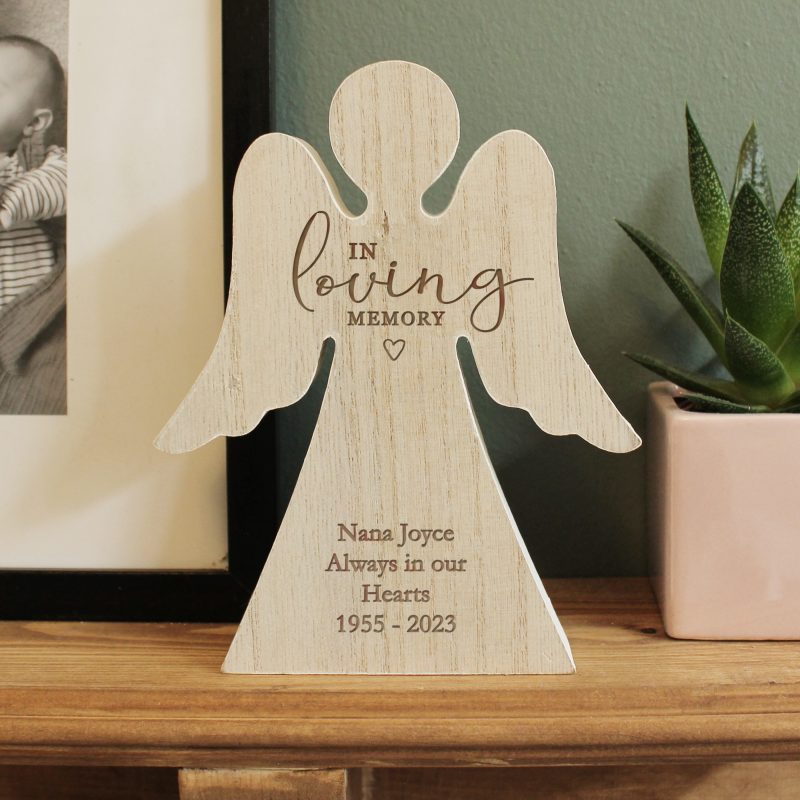 Personalised 'In Loving Memory' Rustic Wooden Angel Decoration