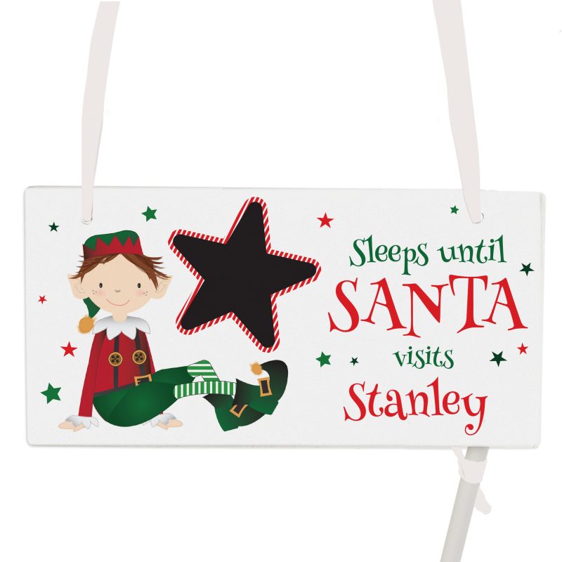 Personalised Elf Christmas Chalk Countdown Wooden Hanging Sign