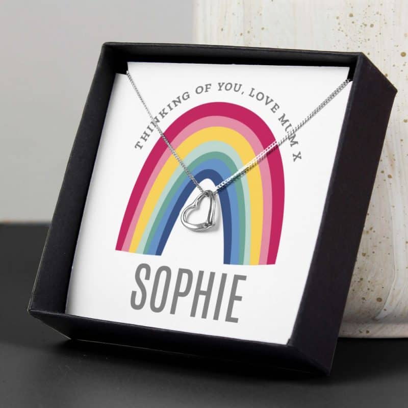 Personalised Rainbow Sentiment Silver Tone Heart Necklace and Box