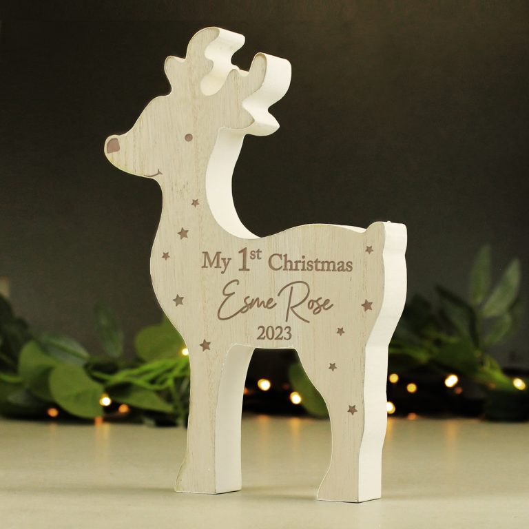 Personalised 1st Christmas Rustic Wooden Reindeer Decoration