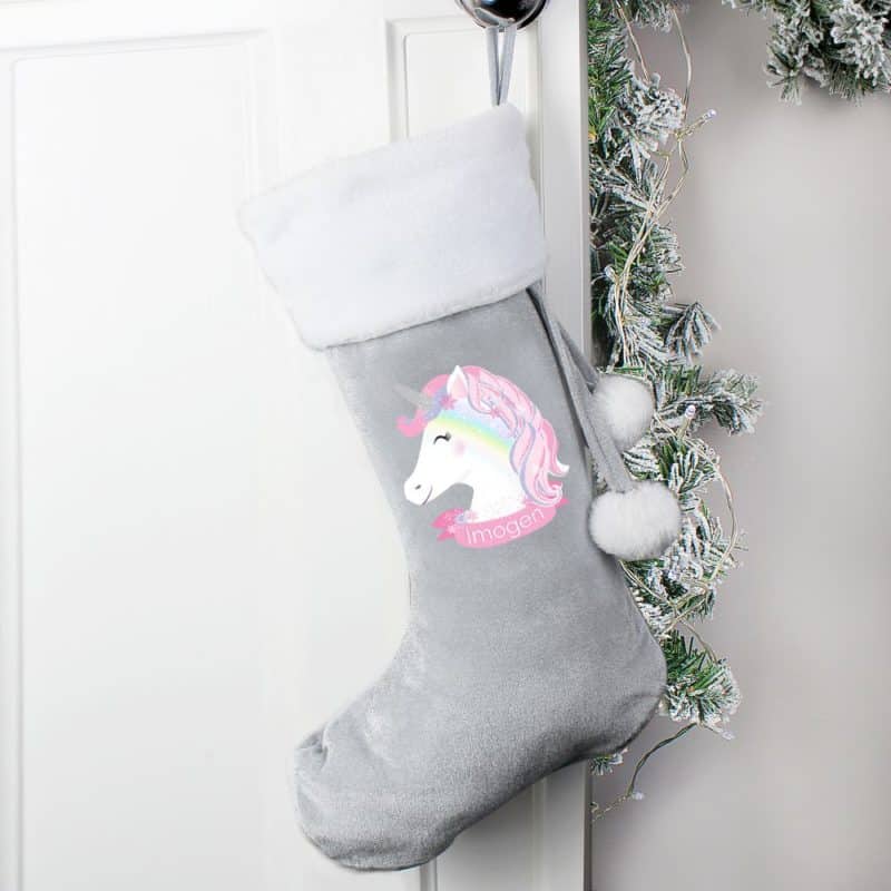 Personalised Luxury Silver Grey Unicorn Christmas Stocking