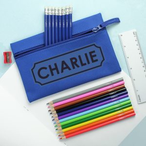 Personalised Blue Pencil Case with Personalised Pencils & Crayons