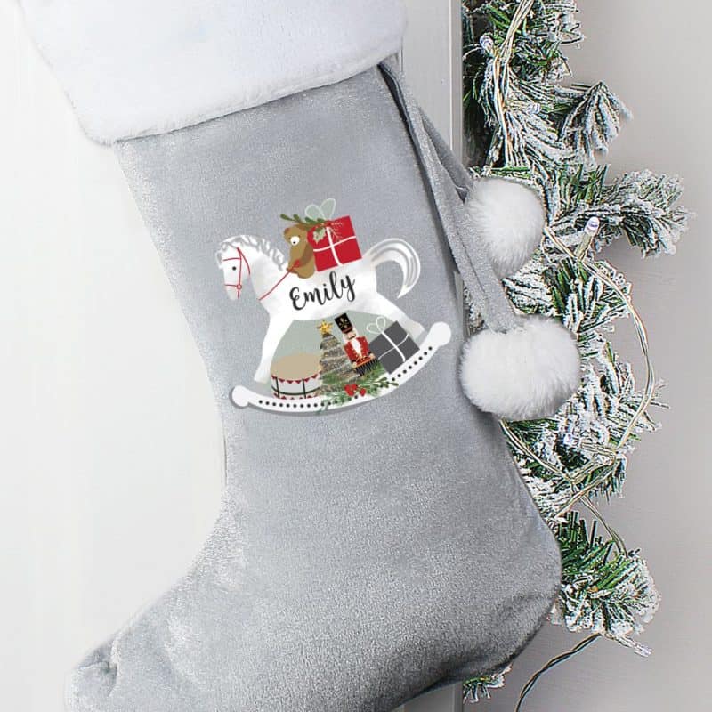 Personalised Rocking Horse Silver Grey Christmas Stocking