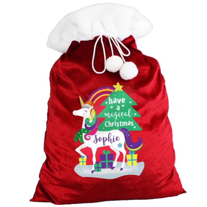 Personalised 'Christmas Unicorn' Luxury Pom Pom Red Sack